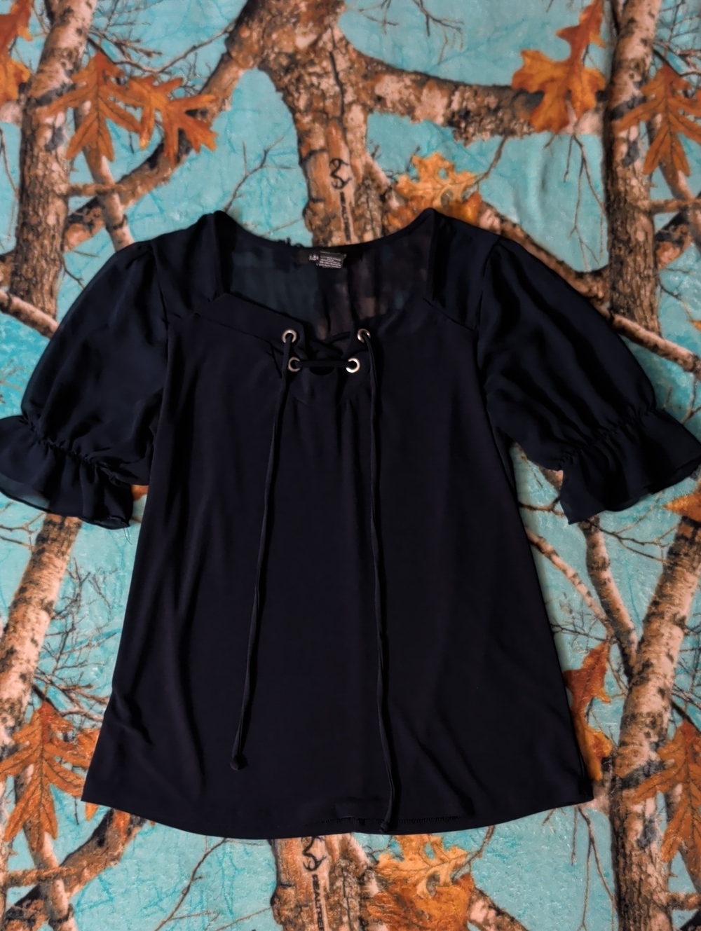 Black Lace-Up Puff Sleeve Women's Top
